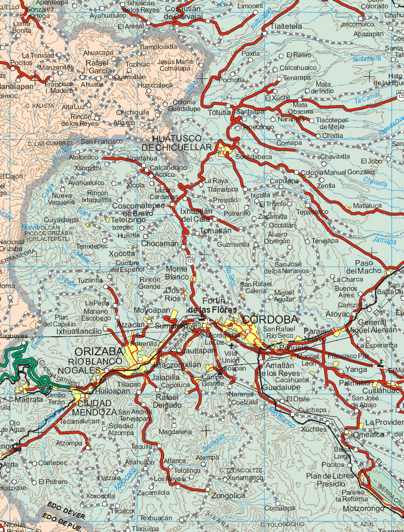 This map shows the major cities (ciudades) of González Ortega.The map also shows the towns (pueblos) of Loma Bonita, La Trinidad, Ahuacapa, Tlamoloaxtla, Pocitos, Manzanitos, Rafael J. García, Tozihuic, Jesús Maria Comalapa, Quimixtlan, Francisco I. Madero, Ahuatla, Huaxcaleca, Alta Luz, Colonia Guadalupe, Chichiquila, Rincón de los Reyes, Atlaxco, Magueyes.