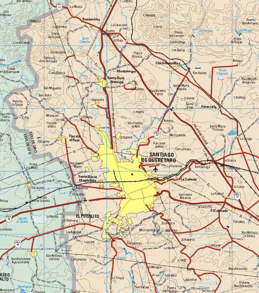 This map shows the major cities (ciudades) of Buenavista, Chiqinquillas, Santa Rosa Jauroqui, Churiquilla, Tlacota el Bajo, El Salitre, San José el Alto, Santiago de Queretaro, San Pedro Mártir, Santa Maria Magdalena, La Piedad, El Pueblito, El Colorado.The map also shows the towns (pueblos) of La Monja, Jarrito, La Barreta, Puerto San Antonio, La Estacada, Puerto de Aguirre, Presa del Carmen, Cerro de la Cruz, El pinto, Presa de Rayas, Los Pocitos, Pie de Calle, Tierra Blanca, Los Baños, Estancia de la Rochera, Atongo, Casa Blanca, Montenegro, San Rafael, San Miguel Amazcala, San Miguelito, La Salona, San Vicente Ferrer, Santa Maria Pegoña, Dolores, Santa Cruz, Amazcala, San Isidro, Rancho la Tinaja, El Pie, Mompani, Tlacote el Alto, El Navo, San Pedrito el Alto, Santa Maria Ticoman, La Griega, Cerro Prieto, La Purísima, Saldarriaga, La Granja, La Cañada, San Isidro Miranda, La Loma, El Romeral, Los Angeles, Lourdes, El Progreso, Palo Alto, San Antonio La Galera, El Progreso, El Rosario, La Noria, Los Cues, La Purísima, La Tinaja, El Milagro, San Rafael, Carranza, Puerta del Tepozan, Carranza, Lagunillas, Ajuchitlancito, Dolores Ajuchitlancito.