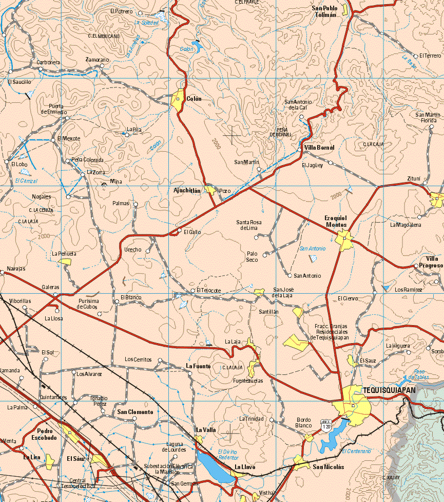 This map shows the major cities (ciudades) of San Pablo Toliman, Colon, Ajuchitlan, Ezequiel Montes, La Peñuela, San José de la Laja, Santillán, Frac. Granjas Residenciales de Tequisquiapan, La Laja, Fuentezuelas, El Sauz, Quintafares, Tequisquiapan, Bordo Blanco, Pedro Escobedo La valla, La Ira, El Sauz, San Nicolás, La Llave.The map also shows the towns (pueblos) of Carbonera, El Potrero, Zamorano, El Terrero, San Antonio de la Cal, Puerta de En medio, San Martín Florida, La Pila, El Mexote, Villa Bernal, Peña Colorada, San Martín, El Jaguey, La Zorra, Zituni, Nogales, Palmas, La Magdalena, Santa Rosa de Lima, El Gallo, Urecho, Palo Seco, San Antonio, Villa del Progreso, Naranjas, Galeras, Los Ramírez, El Tejocote, El Ciervo, Viborillas, La Llosa, Purísima de Cubos, El blanco, El Sol, Los Cerritos, La Higuera, Los Alvarez, La Fuente, La Palma, Ignacio Pérez, San Clemente, La Trinidad, Laguán de Lourdes, San German.