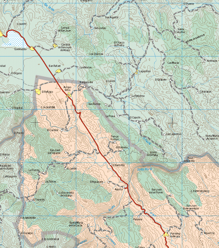 This map shows the major cities (ciudades) of El Refugio, Arroyo Seco, Purísima de Arista.The map also shows the towns (pueblos) of San Guijueta, El Carrizal, Tierras Prietas, San José del Tepame, El Sabinito, La Florida, El Jarrito, El Salitrillo, Las Tablas, El Aguacate, Ayutla, San José de las Flores, La Escondida de Hidalgo, El Tepozan, San Juan Buenaventura, Panales, Santa Maria de los Cocos, Agua Fría.