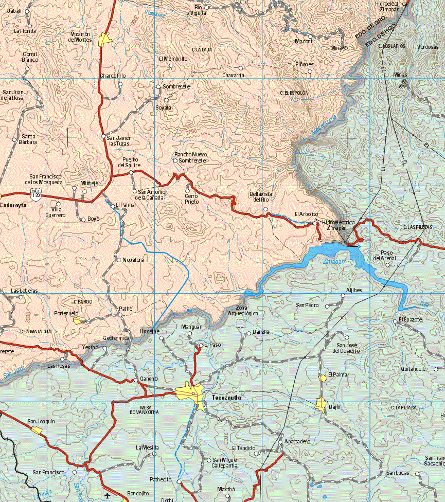 This map shows the major cities (ciudades) of Vizarron de Montes, Portezuelo.The map also shows the towns (pueblos) of Jabalí, La Florida, Río la viguita, Coral Blanco, El Membrillo, Piñales, Charco Frío, Chavarria, San Juan de la Rosa, Sombrete, Soyatal, Santa Bárbara, San Javier las Tuzas, San Francisco de los Mosqueda, Minteje, Puesto del Salitre, Rancho Nuevo Sombrete, San Antonio de la Cañada, Cerro Prieto, Bellavosta del Río, El Arbolito, Villa Guerrero, Boye, El Palmar, Nopalera, Las Loberas, Pathe.