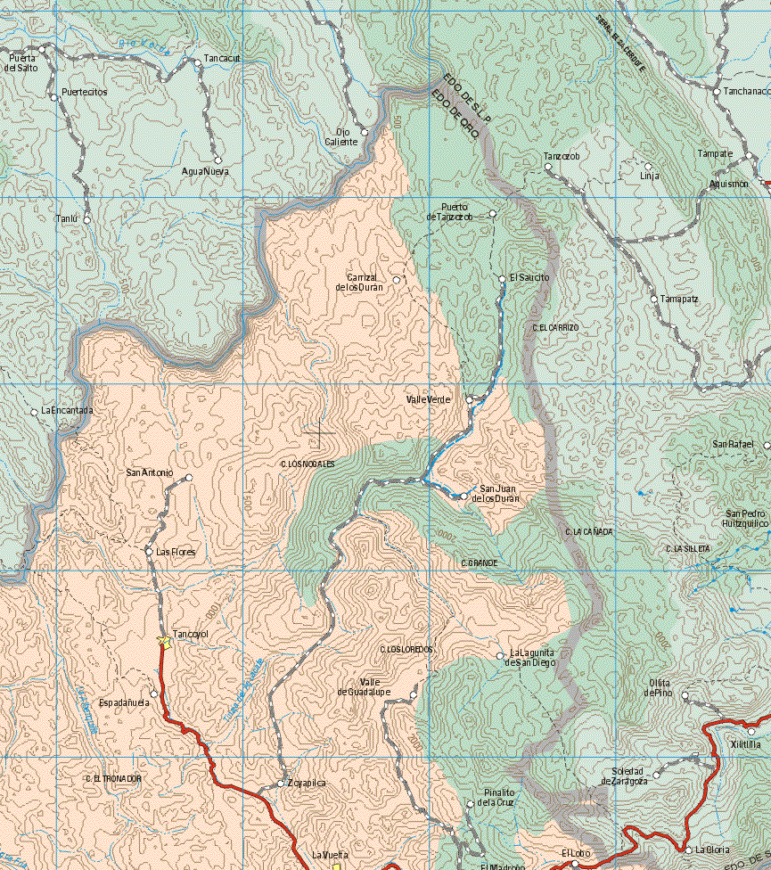 This map shows the major cities (ciudades) of Tancoyol, La Vuelta.The map also shows the towns (pueblos) of Puerto de Tanzozolco, Carrizal de los Duran, El Saucito, Valle Verde, San Antonio, San Juan de los Duran, Las Flores, La Lagunita de San Diego, valle de Guadalupe, Espadañuela, Zoyapilca, Pinalito de la Cruz, El Lobo.