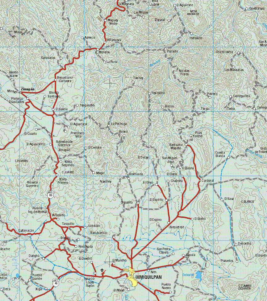 This map shows the major cities (ciudades) of Ixmiquilpan.