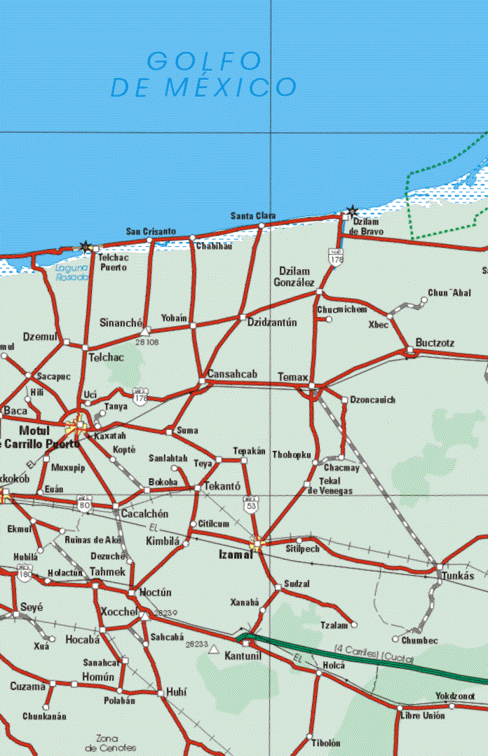 This map shows the major cities (ciudades) of Tomul Carrillo Puerto, Izamal.