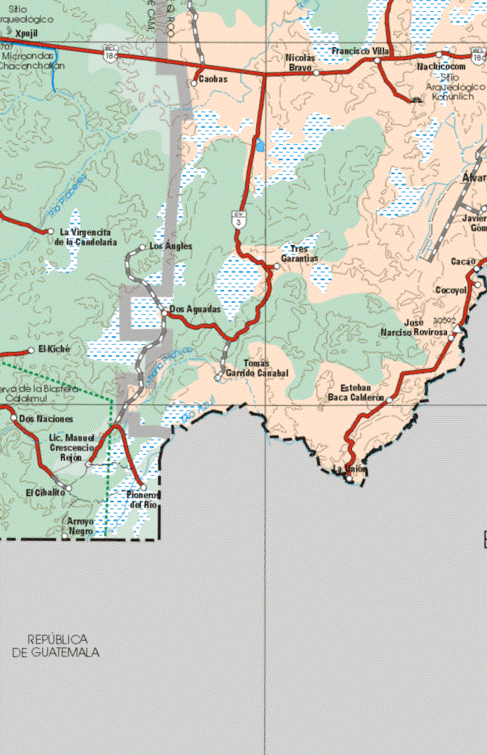 The map also shows the towns (pueblos) of Caobas, Nicolás Bravo, Francisco Villa, Nachicocom, Tres Garantías, Dos Aguadas, Tomas Garriso Canabal, Esteban Baca Calderón, José Narciso Rovirosa, Cocoyol, Cacao, Javier Rojo Gómez, Alvaro Obregón.