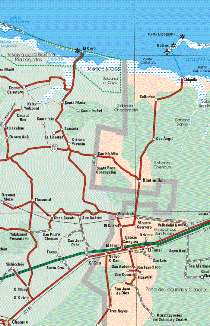 The map also shows the towns (pueblos) of Chiquila, Solferino, San Angel, San Hipólito, Santa Rosa Concepción, Kantunilkin, Popolmah, El Cedral, Vicente Guerrero, Valladolid Nuevo, El Ideal, Ignacio Zaragoza, Arizona, El Tintal, Agua Azul, Nuevo X-Can, San Antonio, San Francisco, San Luis, San Martiniano, Guadalupe Victoria, San Cosme, Naranjal, San Juan de Dios, Tres Reyes, Constituyentes del Setenta y Cuatro.