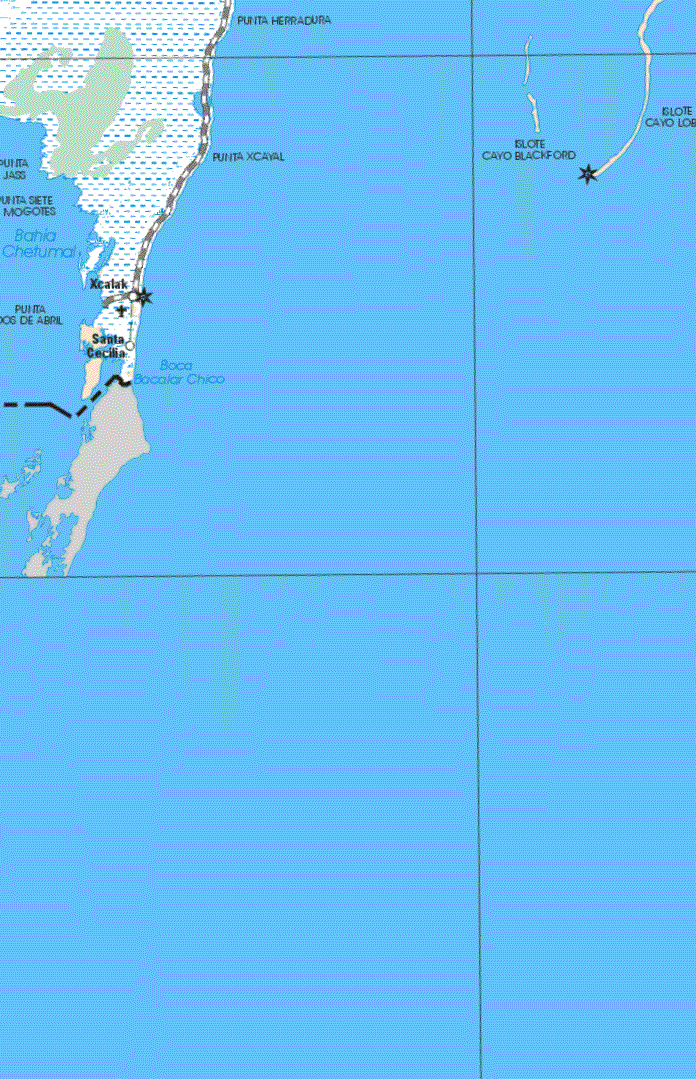 The map also shows the towns (pueblos) of Xcalak, Santa Cecilia.