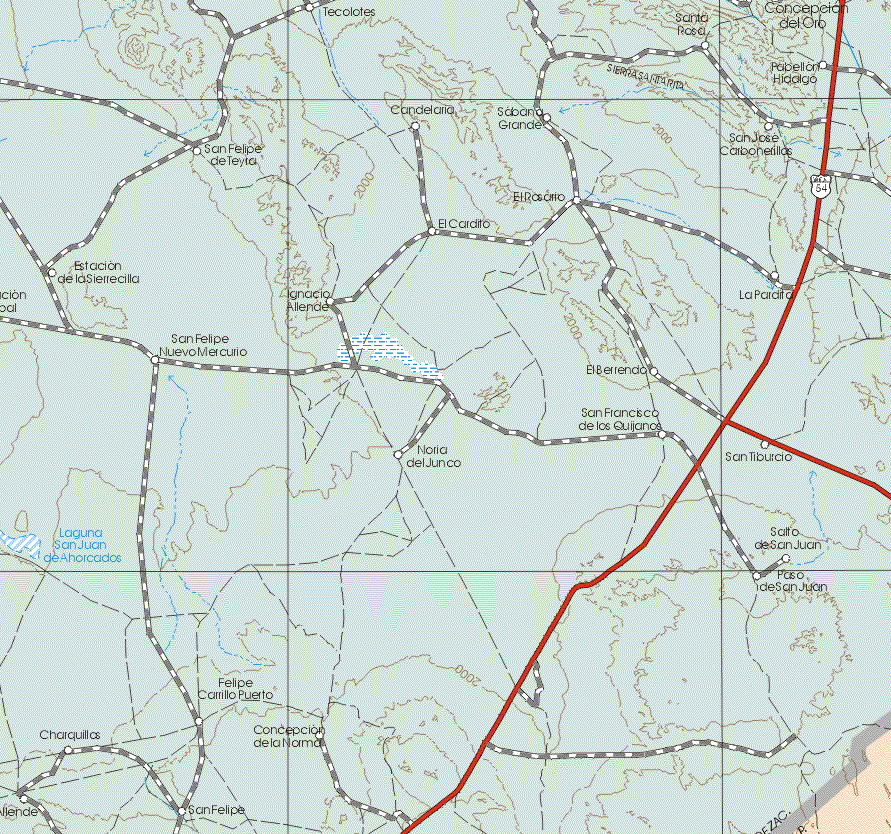 The map also shows the towns (pueblos) of Tecolotes, Santa Rosa, Sabana Grande, Canelaria, San Felipe Teila, Estacion de la Sierrecilla, San Felipe Nuevo Mecurio.