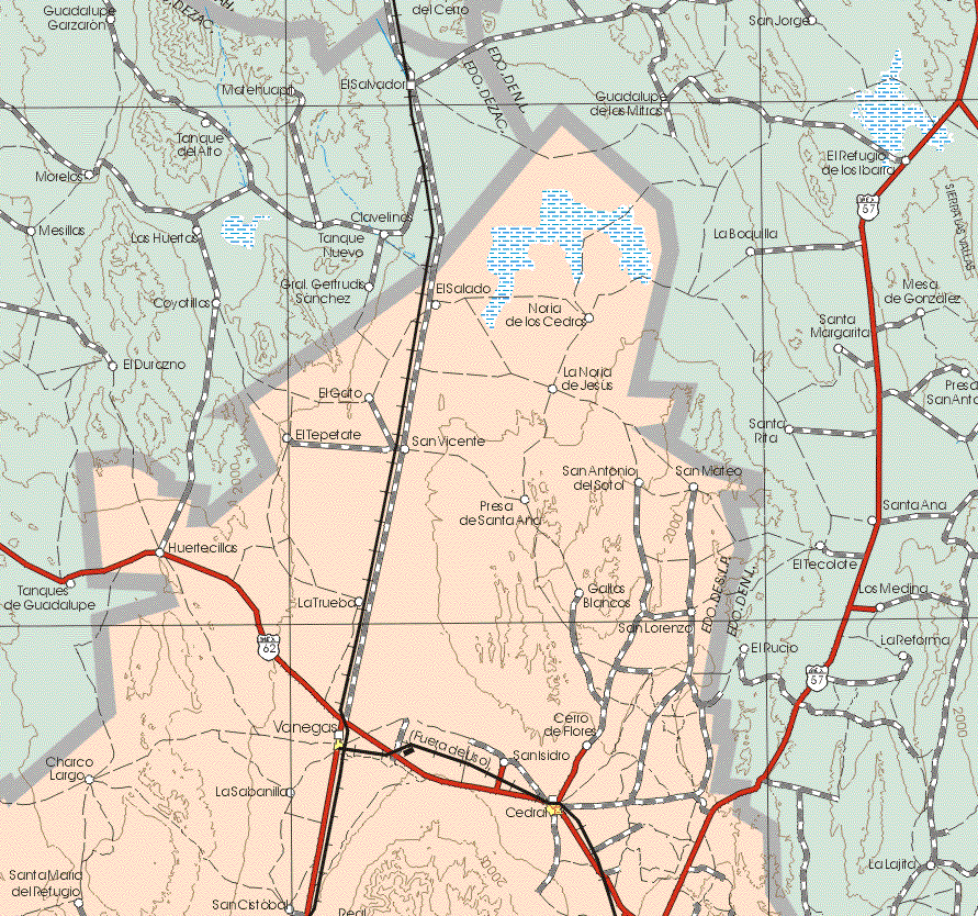 The map also shows the towns (pueblos) of El Salado, Noria de los Cedros, El Gato, La Noria de Jesús, El Tepetate, San Vicente, San Antonio de Sotol, San Mateo, Presa de Santa Ana, Huertecillas, La Trueba, Gatos Blancos, San Lorenzo, Cerro de Flores, San Isidro, Charco Largo, La Sabanilla, Santa Maria del Refugio, San Cristóbal.