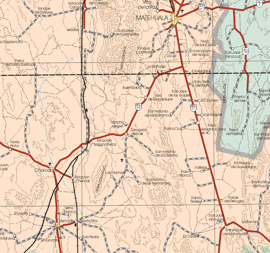 This map shows the major cities (ciudades) of Matehuala, Tanque Colorado, San José del Plan, Zaragoza de Solís, Charcas, El Milagro de Guadalupe, Norias del Refugio, Venado.The map also shows the towns (pueblos) of Tanque de Dolores, Estación Catorce, Villa de la Paz, Wadley, La Concordia, San José de Coronados, Noria de los Canos, La Luz, Encarnación de Abajo, Presa de Santa Gertrudis, La Biznaga, El Mezquite, Buenavista, San José de los Guajes, Villa de Guadalupe, El Carmen, San Antonio de las Barrancas, San Miguel, Rancho Alegre, Santa Cruz, Paso de Santa Clara, Noria Pinta, Estación Laguna Seca, San Antonio de la Ordeña, Estación Charcas, Los Alamos, Santa Rita de los Hernández, Palo Blanco, Vallejos, Santa Rita del Rocío, Tierra Blanca, Santa Teresa, San Juan Sin Agua, El Laurel, Santa Rita, La Polvora, El Matorral, El Ranchito, San Pedro, El Coyote, Entronque de Matehuala.