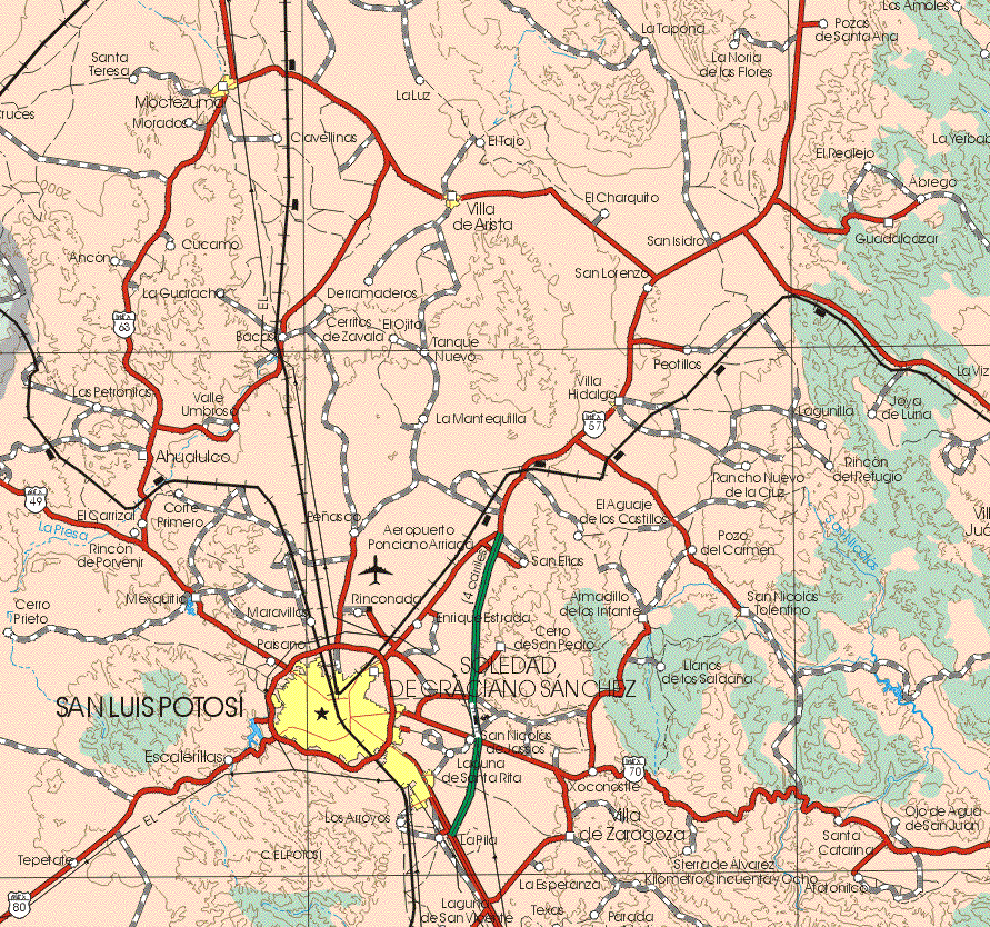 This map shows the major cities (ciudades) of Moctezuma, Villa de Arista, San Luis Potosí, Soledad de Graciano Sánchez.The map also shows the towns (pueblos) of Santa Teresa, La Luz, La Tapona, La Noria de las Flores, Pozas de Santa Ana, Los Amoles, Mojados, Cavellinas, El Tajo, El Tajo, El Realejo, La Yerbabuena, El Charquito, Abrego, San Isidro, Guadalcazar, Cucamo, Ancon, La Guaracha, Derramaderos, San Lorenzo, Bacas, Cerritos de Zavala, El Ojito, Tanque Nuevo, Peotillos, Los Petronitas, Valle Umbroso, La Mantequilla, Villa Hidalgo, Lagunilla, Joya de Luna, Ahualulco, El Carrizal, Correo Primero, Peñasco, El Aguaje Nuevo de la Cruz, Rincón del Refugio, Rincón del Porvenir, Son Ellas, Pozo del Carmen, Cerro Prieto, Mexquitio, Maravillas, Rinconada, Enrique Estrada, Armadillo de los Infantes, San Nicolás Tolentino, Paisanos, Cerro de San Pedro, Llanos de los Saldaña, Escalerillas, San Nicolás de los Jasos, Laguna de Santa Rita, Xoconastle, Los Arroyos, La Pila, Tepetate, Laguna de San Vicente, Villa de Zaragoza, La Esperanza, Texas, Sierra de Alvarez, Kilómetro Cincuenta y Ocho, Santa Catarina, Atotonilco, Ojo de Agua de San Juan. 