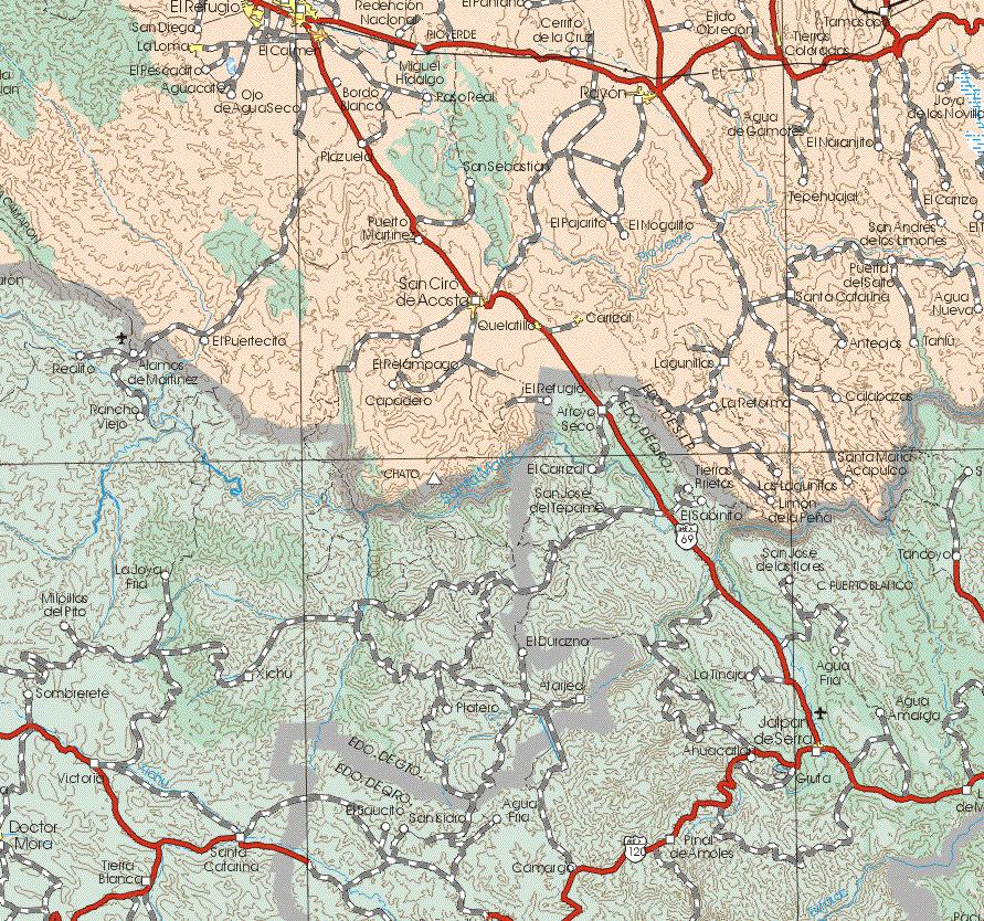 This map shows the major cities (ciudades) of El Refugio, El Carmen, La Loma, Rayón, Tierras Coloradas, San Ciro de Acosta, Quelatillo, Carrizal.The map also shows the towns (pueblos) of San Diego, El Pescadito, Aguacate, Ojo de Agua Seco, Bordo Blanco, Paso Real, Miguel Hidalgo, Redención Nacional, El Pantano, Cerrito de la Luz, Ejido Obregón, Agua de Gamores, Plazuela, San Sebastián, El Naranjito, Joya de los Novillos, Puerto Martínez, El Pajarito, El Nogalito, Tepehuajal, El Carrizo, San Andrés de los Timones, Puerta de Salto, Santa Catalina, Agua Nueva, El Fuertecito, El Relámpago, Capadero, El Refugio, Lagunillas, La Reforma, Anteojos, Tanfu, Santa Maria Acapulco, Limón, Las Lagunitas.