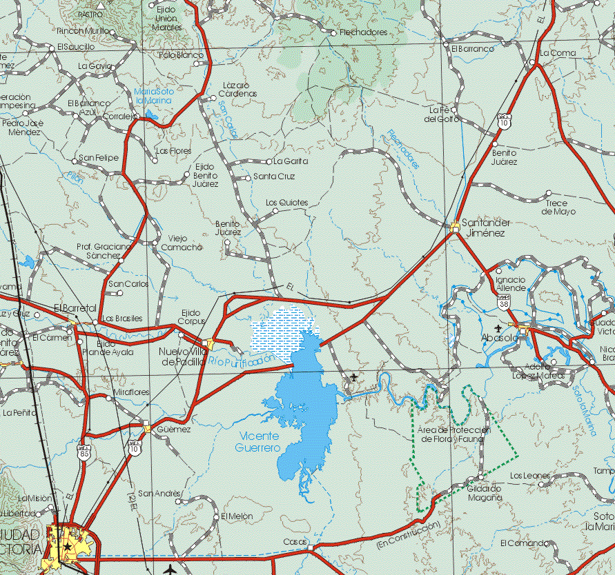 This map shows the major cities (ciudades) of Ciudad Victoria, Nueva Villa de Padilla, Santander Jimenez, Abasolo, Guemez.