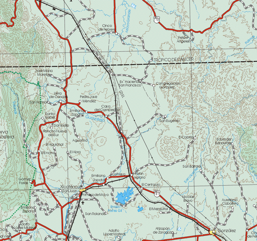 This map shows the major cities (ciudades) of Xicotencal, Gonzalez.