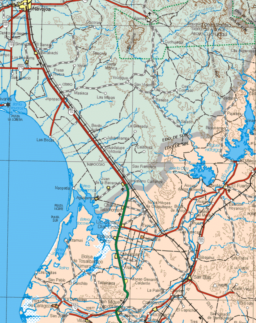 This map shows the major cities (ciudades) of El Fuerte, Chávez Tlamontes, Lic. Gustavo Díaz Ordaz, Poblado Cinco, Jahuara, Chihuahuita, Alfonso Genaro Calderón, San Blas, Higuera de Zaragoza, San Miguel Zapotitlan, Zapotito N. Uno, Constancia, Villa de Ahome.The map also shows the towns (pueblos) of Picachos, Pajaritos, Buyubampo, El Mahon, Arroyo de los Armenta, Baroten, Niños Héroes de Chapultepec, Boca de Arroyo, Vivajaqui, Estación Hoyanco, Bajada del Monte, Tenueco, Las Estacas, Tepic, Jitzamuri, Bolsa de Tosalibampo N. Uno, Sibajahui, Los Ojitos, Las Lajitas, San Pablo, El Ranchito, Tabelojeca, Natoches, La Palma, Charay, Gallo Viejo, La Despensa, El Capricho, San José, El Capricho, El Cochi, San Ignacio de Santa Maria.