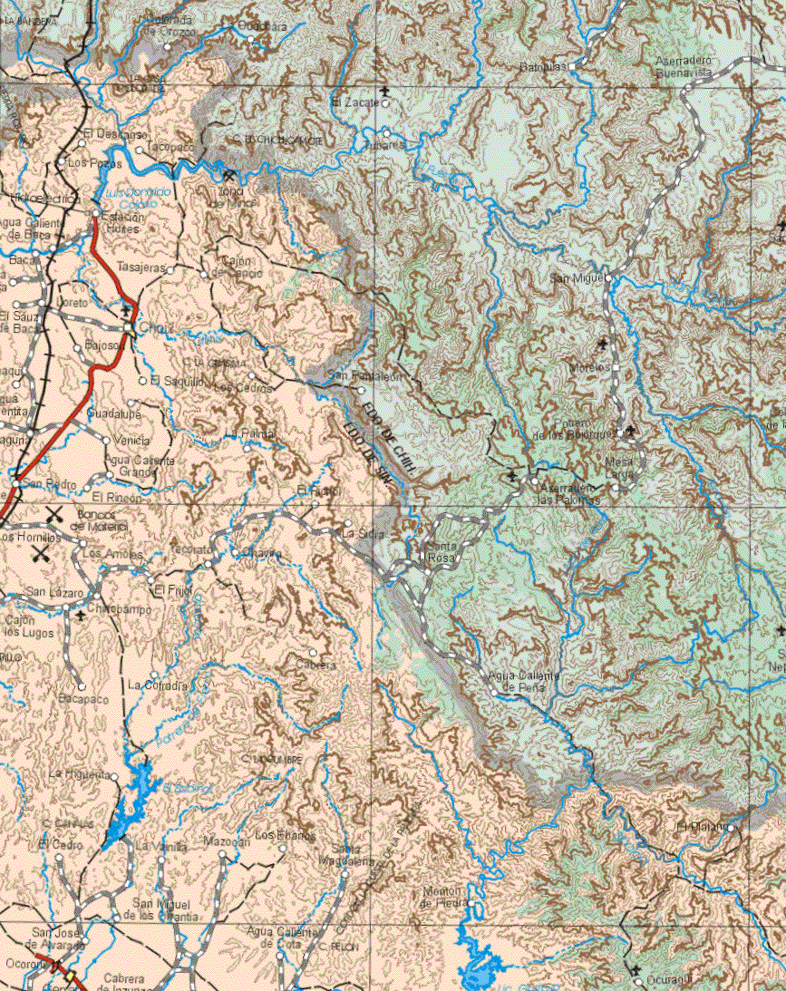 This map shows the major cities (ciudades) of Choix.The map also shows the towns (pueblos) of El Descanso, Tacopaco, Los Pozos, Estación Huites, Agua Caliente de Baca, Bacas, Tasajeras, Cajón de Cancio, El Sauz de Baca, Loreto, Bajodori, Jinamaqui, La Laguna, El Saquillo, Los Cedros, Guadalupe, Venecia, La Palma, Agua Caliente Grande, San Pedro, El Rincón, La Sidra, Los Hornitos, Los Amoles, Yacorato, San Lázaro, El Fríjol, Chirbampo, Cajón los Lugos, Cabrera, La Cofradía, Etacapaco, La Higuerita, El Cedro, La Vainita, Mazopan, Los Ebanos, Santa Magdalena, El Plátano, Montón de Piedra, San Miguel de los Cirantia, San José de Alvarado, Agua Caliente de Cota, Ocuragui.