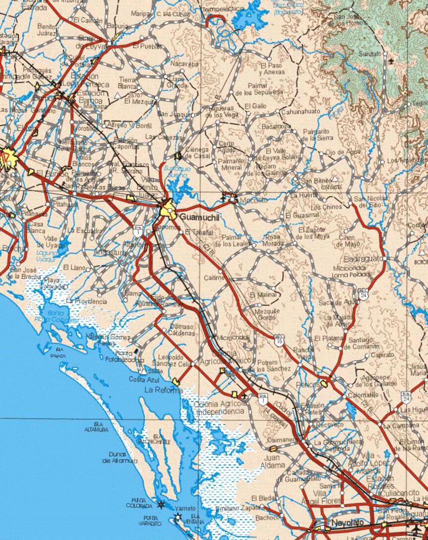 This map shows the major cities (ciudades) of Estación Naranjo, Guasave, Tamazula, Bapuria, Sinaloa de Leyva, Cubiri de Portelas, Portugues de Gañez, Estación León Fonseca, Estación Bamoa, Ciénega de Casal, Palos Blancos, El Burron, Villa Benito Juárez, Mocorito, Guamúchil, Colonia Agrícola México, La Reforma, Pericos, Colonia Agrícola Independencia, Juan Aldama, Culiacancito, Navolato, San Pedro de Rosales.The map also shows the towns (pueblos) of Benito Juárez, El Caiman, Maripa, Maripa, San José de los homos, El Pueblito, Nacabeva, El Paso y Anexas, Maquipa, Tierra Blanca, El Mezquite, Llano Grande, Palmar de los Sepúlveda, El Gallo, Las Moras, Norotillas, Alfredo V. Bonfil, San Joaquín, Higueras de los Vegas, El Gallo, Cahuinato, Bacamopa, Palmarito de la Sierra, Herculario de los Rocha, Estación Capomas, Las Cabezas, Cerro Agudo, El Valle de Leyva Solano, Ojo de Agua, Los Tepehuajo, Gral. Francisco R. Serrano, Palanto Mineral, Reparo de los Galindo, San Rafael, Las Brisas, Palmeras de los Anguila, San Benito, La huerta, San Nicolás del Sitio, Los Chinos, Pitayal, Pitahayita, Casa Blanca, El Guasimal, Casa Blanca, Valle de Uyaqui, La Escuadra, Brecha, Angostura, Alhuey, Capomos, El Tabañal, Palmar de los Leales, Rosa Morada, El Zapote de los Moya, Cinco de Mayo, Angostura, Badirahuato, San José de la Brecha, El Llano, Playa Colorada, La Providencia, Llama, Ejido Agustinal Ramírez, Caitime, El Malinal, Saca de Agua, Mezquite Gordo, La Mojada de Abajo, Damaso Cárdenas, Maletín Gómez Farias, El Platanar, Santiago de Comanito, Leopoldo Sánchez Celis, Rancho Viejo, Potrero de los Sánchez, Capirato, Jesús Maria, Costa Azul, Aguatepe de los Gallardo, Estación Retes, Calomatilo, Recoveco, Las Higueras, El Timón de las Ramas, las Guamuchileras Segunda, Caimanera, La Campana, Cañada de Guamuchilito, Santa Fe, Villa López Mateos, Estación Rosales, Villa Angel Flores, El Bleda, Emiliano Zapata, Bachoco.