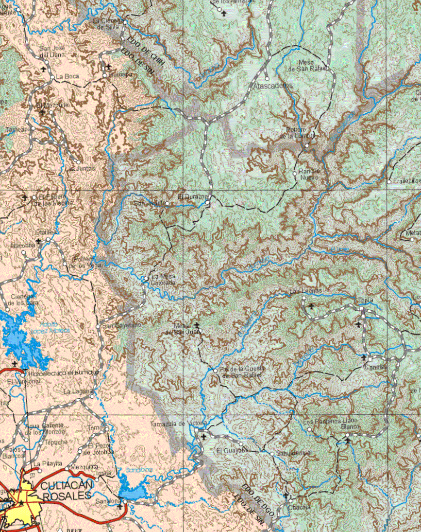 This map shows the major cities (ciudades) of Culiacán Rosales.The map also shows the towns (pueblos) of Agua Caliente, San José del Llano, La Boca, El Mezquite, Tameapa, Las Juntas, El Potrero de los Medina, Pollero de los Vega, Ciénega de los Lara, San Cayetano, El Varejonal, La Laguna, Agua Caliente de los Monzón, Tomo, Tepuche, Palos Blancos, El Pozo de Jotohua, La Pitayita, Mezquitita, Imala, Sanalona.