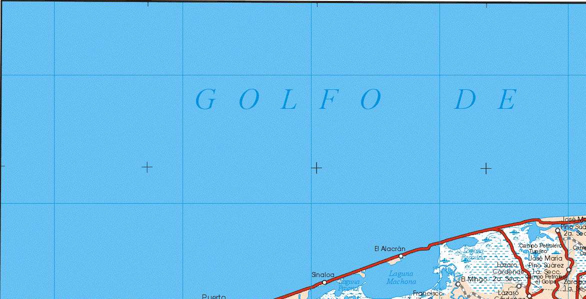 The map also shows the towns (pueblos) of Sinaloa, Alacrán, El Mingo, Lázaro Cárdenas 2ª Sección, Campo Petrolero, José Ma. Pino Suárez 2ª Sección, Zaragoza 1ª Sección.