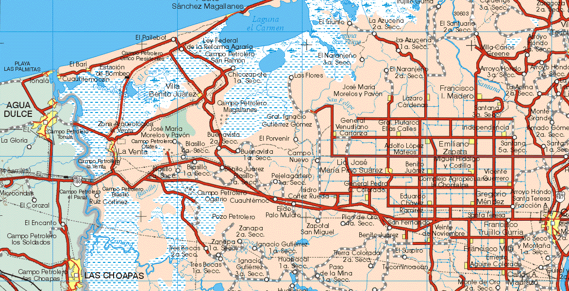 This map shows the major cities (ciudades) of Sánchez Magallanes, El Bari, Cuauhtemoczin, Villa Benito Juárez, José Maria Morelos y Pavón, Lázaro Cárdenas, Francisco I. Madero, Santana 3ª Sección, Gral. Venustiano Carranza, Gral. Plutarco Elías Calles, Independencia, La Venta, Adolfo López Mateos, Emiliano Zapata, Santana 5ª Sección, Santana 1ª Sección, Campo Petrolero la Venta, Lic. José Maria Pino Suárez, Benito Juárez, Miguel Hidalgo y Costilla, Vicente Guerrero, Complejo Agropecuario la Chontalpa, Gral. Pedro C. Colorado, Eduardo Chávez Ramírez, Gregorio Méndez, Veinte de Noviembre, Francisco Trujillo Curria, Benito Juárez, Francisco Trujillo Curria, Benito Juárez, Francisco Villa, Ernesto Aguirre Colorado, Carlos A. Madrazo.The map also shows the towns (pueblos) of Trujillo Gurria, Cadengo 3ª Sección, Zaragoza 2ª Sección, El Triunfo, La Azucena 2ª Sección, El Santuario 2ª Sección, EL Pailebol, La Azucena 1ª Sección, Villa Carlos Greene, Arroyo Hondo 2ª Sección, Ley Federal de la Reforma Agraria , Campo Petrolero San Ramón, El Naranjeño 3ª Sección, El Naranjo 2ª Sección, Arroyo Hondo 3ª Sección, Arroyo Hondo 1ª Sección, Chicozapote 1ª Sección, Las Flores, La Arena 2ª Sección, Monte Grande, José Maria Morelos y Pavón, Gral. Ignacio Gutiérrez Gómez, Amado Gómez 2ª Sección, Campos Petroleros, Blasillo 4ª Sección, El Porvenir, Buenavista 1ª Sección, Campo Nuevo, Blasillo 2ª Sección, Blasillo 1ª Sección, Benito Juárez, Blasillo 1ª Sección, Pejelagartero, Ruiz Cortinez, Cuauhtemoc, Isidro Cortés Rueda, Arroyo Hondo, Santa Teresa Fracción A, Ejido Palo Mulato, Zapotal San Miguel, Pico de Oro 4ª Sección, San Fernando, Santa Teresa, Zanapa 2ª Sección, Tres Bocas 2ª Sección, Zanapa 1ª Sección , Ignacio Gutiérrez 1ª Sección, Río Seco y Montaña 1ª Sección, Tres Bocas 1ª Sección, Tierra Colorada 2ª Sección, El Suspiro, Ignacio Gutiérrez 3ª Sección, Huapacal 1ª Sección, Paso de la Mina 1ª Sección, Tecominoacan, Monte de Oro 2ª Sección.