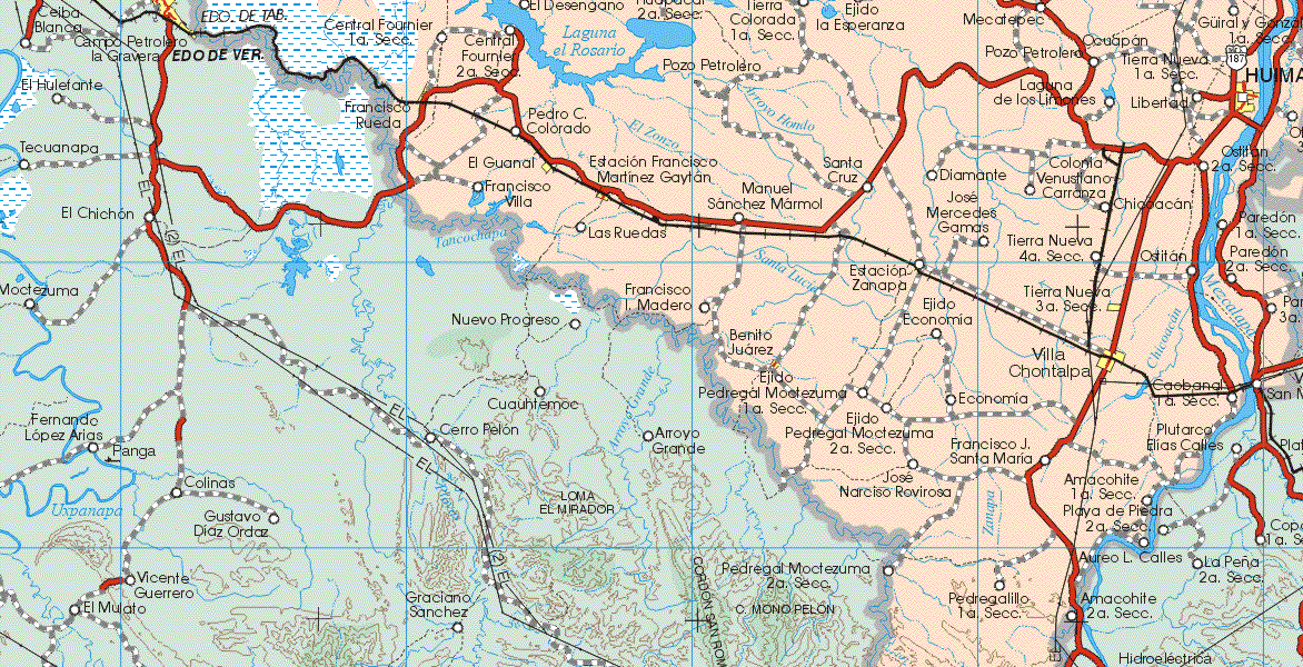 This map shows the major cities (ciudades) of Humanguillo, El Guanal, Estación Francisco Martínez Gaytan, Tierra Nueva 3ª Sección, Villa Chontalpa, Benito Juárez.The map also shows the towns (pueblos) of Central Fournier 1ª Sección, Central Fournier 2ª Sección, El Desengaño, Tierra Colorada 1ª Sección, Ejido la Esperanza, Mecalatepec, Ocuapan, Tierra Nueva 1ª Sección, Guiral y González 1ª Sección, Laguna de los Limones, Libertad, Pedro C. Colorado, Francisco Villa, Manuel Sánchez Mármol, Santa Cruz, Diamante, Colonia Venustiano Carranza, Chicoacan, Ostitlan 2ª Sección, Las Ruedas, Mercedes Gamas, Tierra Nueva 4ª Sección, Ostitan, Paredón 1ª Sección, Paredón 2ª Sección, Estación Zanapa, Francisco I. Madero, Ejido Economía, Caobana 1ª Sección, Ejido Pedregal Moctezuma 1ª Sección, Ejido Pedregal Moctezuma 2ª Sección, Francisco J. Santa Maria, Plutarco Elías Calles, Francisco Narciso Rovirosa, Amacohite 1ª Sección, Playa de Piedra 2ª Sección, Pedregalillo 1ª Sección.