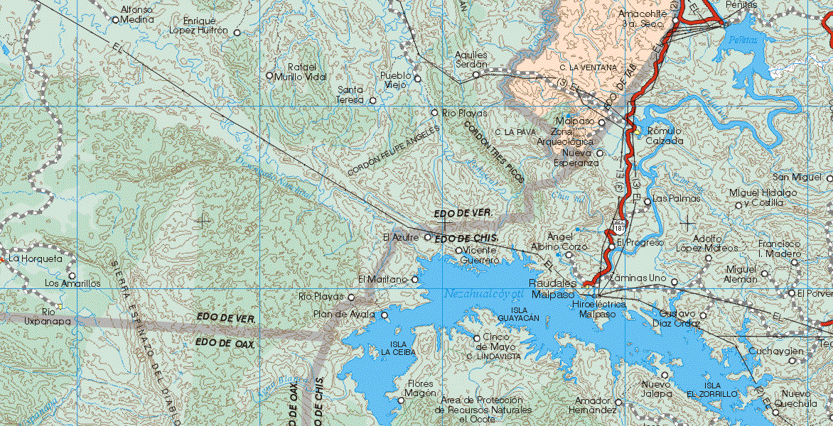 The map also shows the towns (pueblos) of Amacohite 3ª Sección, Malpaso.