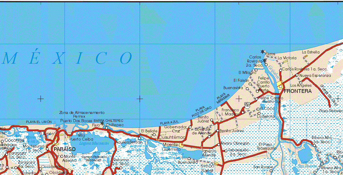 This map shows the major cities (ciudades) of El Limón, Paraíso, Villa Puerto Ceiba, Cuauhtemoc, Vicente Guerrero, Ignacio Allende, La Estrella, La Victoria, Frontera, Simón Sarlat.The map also shows the towns (pueblos) of Chiltepec, Cocohital, Moctezuma 1ª Sección, Zaragoza 3ª Sección, Zaragoza 4ª Sección, Potrerillo, Occidente, EL Bellote, Aquiles Serdan, Monte Adentro, Reforma 2ª Sección, Gobernador Cruz, Benito Juárez, Libertad de Allende, Francisco I. Madero, Benito Juárez, Alvaro Obregón, Tabasquillo 2ª Sección, Carlos Rovirosa 2ª Sección, El Milagro, Carlos Rovirosa 1ª Sección, Nueva Esperanza, Los Angeles, Felipe Carrillo Puerto Norte, El Faisán, Buenavista, Felipe Carrillo Puerto Sur, El Coco, La Bellota, Ribera Alta 3ª Sección, Ribera Alta 2ª Sección, Ribera Alta 1ª Sección, El Paso Tabasquillo, San Roque, Tabasquillo 2ª Sección, Liberta de Allende, Benito Juárez, Francisco I. Madero.