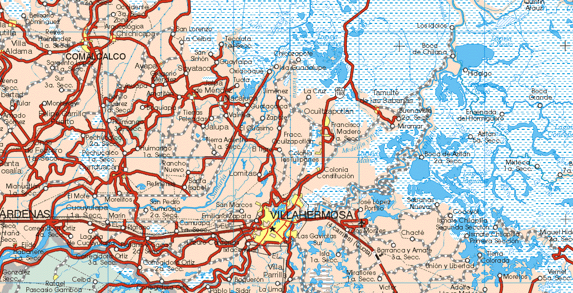 This map shows the major cities (ciudades) of Villa Tecotutilla, Zona Arqueológica Chichicapa, Comacalco, Avapa, Tamulte de las Sabanas, Francisco I. Madero, Francisco I. Madero 1ª Sección, Fraccionamiento Ocuilzapotlan, Colonia de Tulipanes, Canduacan, Colonia Constitución, Cárdenas, Villahermosa .The map also shows the towns (pueblos) of Belisario Domínguez, Occidente 3ª Sección, San Lorenzo, La Ceiba, Tecoluta 1ª Sección, Reyes Hernández 1ª Sección, Los Idolos, Boca de Chilapa, Sargento López 1ª Sección, San Simón, Guaytalpa, Chizapote, Soyatapa, Oxiacaque, Isla Guadalupe, Hidalgo, Sur 3ª Sección, Iquinulapa, Gregorio Méndez, Tucta, El Tular, Benito Juárez, Amatitan, Nacajuca, Jiménez, La Cruz, Boca Grande, Monterrey, Juárez 1ª Sección, Bloquiapa, Tierras Peleadas, Vainilla, Guatacaica, Buenavista 2ª Sección, Ensenasa del Hormiguero, Amado Gómez, Felipe Carrillo Puerto, Huimanga 3ª Sección, Zapote, Miramar, Flamingo 3ª Sección, Jalupa, El Cuasimo, Pechucalco 2ª Sección, Huimango 1ª Sección, Tierra Adentro 1ª Sección, Aztlan 5ª Sección, Boca de Aztlan 2ª Sección, Mixteca 1ª Sección, Miguel Hidalgo 2ª Sección, Once de Febrero 1ª Sección, Huimango 1ª Sección, El Tigre, Pechucalco 1ª Sección, Rancho Nuevo, Lomitas, Miahuatlan 1ª Sección, El Mote, Morelitos, Santa Isabel, Santa Rosalía, Cuyulapa 1ª Sección, Marín, San Pedro Cumuapia 2ª Sección, San Marcos, Emiliano Zapata, José López Portillo, Sabanas Nuevas, Cocoyol, Corregidora Ortiz 4ª Sección, Ejido Habanero 1ª Sección, Laguna de Cuayulapa, El Plátano, Plátano y Cacao 2ª Sección, Corregidora Ortiz 3ª Sección, Camuapa 1ª Sección, Lázaro Cárdenas, Ixtacomian, Ismael Chilapilla 2ª Sección, Ismael Chilapilla 1ª Sección, Chacte, Corregidora Ortiz 2ª Sección, Villa Parrilla, Baqueron, Pablo I. Sadar, La Lima, Isla 1ª Sección, Miraflores 1ª Sección, Barranca y Amate 3ª Sección, Unión y Libertad, Adolfo López Mateos, Morenos, Vernel 5ª Sección, Tierra Colorada.