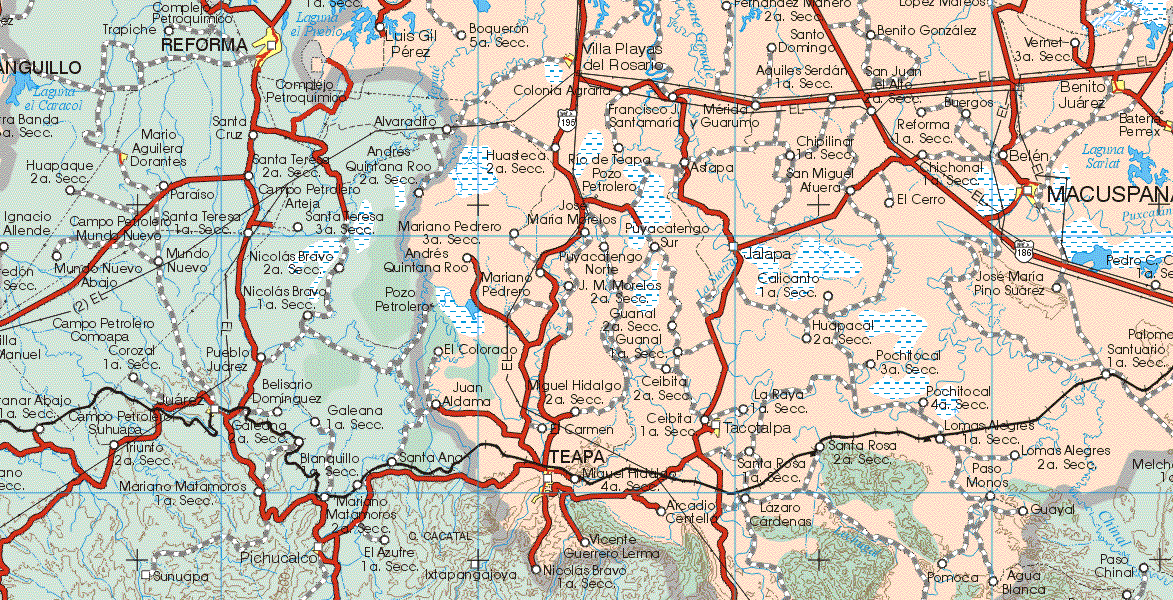 This map shows the major cities (ciudades) of Villa Playas del Rosario, Benito Juárez, Bateria Pemex, Macuspana, Tacotalpa, Teapa.The map also shows the towns (pueblos) of Luis Gil Pérez, Boqueron 5ª Sección, Fernández Manero 2ª Sección, Santo Somingo, Aquiles Serdan 1ª Sección, Benito Juárez, San Juan el Alto 2ª Sección, Vernet 3ª Sección, Colonia Agraria, Mérida y Guarumo, Burgos, Francisco Santa Maria, Huateca 2ª Sección, Río Teapa, Astapa, Chipilina 1ª Sección, Reforma 1ª Sección, San Miguel Atuera, El Cerro, Chichonal 1ª Sección, Belen, José Maria Morelos, Mariano Pedrero 3ª Sección, Puyacatengo Sur, Jalapa, José Maria Pino Suárez, Andrés Quintana Roo, Mariano Pedrero, Puyacatengo Norte, José Maria Morelos 2ª Sección, Calinda 1ª Sección, José Maria Pino Suárez, Guanal 2ª Sección, Guanal 1ª Sección, El Colorado, Pochitocal 3ª Sección, Huapacal 2ª Sección, Santuario 1ª Sección, Juan Aldama, Miguel Hidalgo 2ª Sección, Ceibita 2ª Sección, La Raya 1ª Sección, Pochitocal 4ª Sección, El Carmen, La Ceibita 1ª Sección, Lomas Alegres 2ª Sección, Lomas Alegres 1ª Sección, Miguel Hidalgo 4ª Sección, Vicente Guerrero Lermo, Nicolás bravo 1ª Sección, Arcadio Centello, Santa Rosa 1ª Sección, Lázaro Cárdenas, Santa Rosa 2ª Sección, Paso Manos, Lomas Alegres 2ª Sección, Guayal, Pamoca, Agua Blanca.