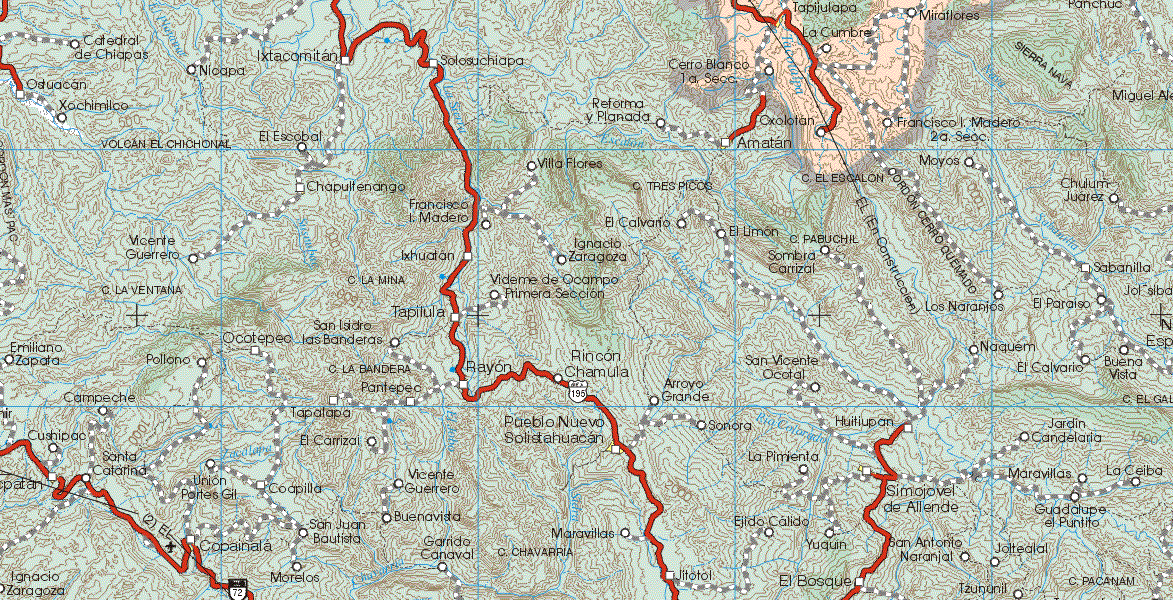 This map shows the major cities (ciudades) of Tapijulapa.The map also shows the towns (pueblos) of Cerro Blanco 1ª Sección, Oxolotan, Francisco I. Madero 2ª Sección, Miraflores, La Cumbre.