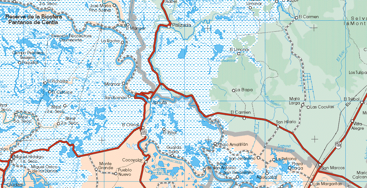 The map also shows the towns (pueblos) of José Maria Pino Suárez, El Mangar, La Racha, Paquillas, El Pichalito, Miramar, El Catorce, San Román, Jonuta, Bitzal 3ª Sección, Bitazal 5ª Sección, Bitzal 2ª Sección, El Chinal, El Pinal, Miguel Hidalgo 1ª Sección, Miguel Orrico de los Llanos, Monte Grande, Pueblo Nuevo, Cocoyolar, Pueblo Nuevo, Guarda Tierra, Bajo Amatitlan, San Jerónimo, boca de San Antonio, San Jerónimo, Aguacata, Las Margaritas, La Petrona, Playa Larga.