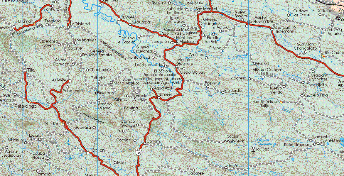 This map shows the major cities (ciudades) of El Limar, Petalcingo, Yajalon, San Jeronimo Tulija.