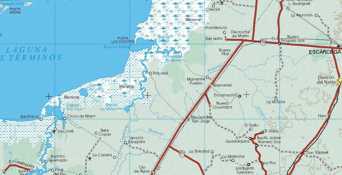 This map shows the major cities (ciudades) of Mamantel, Nueva Chontalpa, Nuevo Pital, San Isidro, Escarcega, Division del Norte.