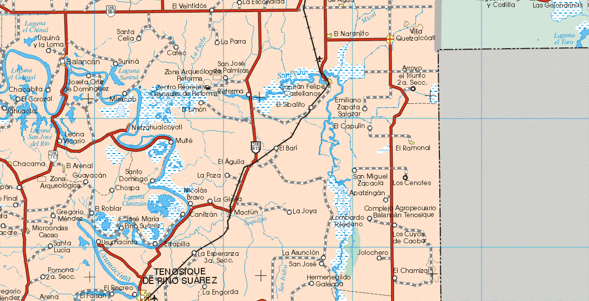 This map shows the major cities (ciudades) of El Naranjito, Villa Quetzalcoatl, Balancan, Capitan Felipe Castellanos, El Ramonal, Chacama, El Arenal, El Aguila, Tenosique de Pino Suárez.The map also shows the towns (pueblos) of El Veintidós, La Escondida, Uquina y Loma, Santa Celia, La Parra, Catec, Sunina, San José de Palmiras, Arroyo el Triunfo 2ª Sección, Josefa Ortiz de Domínguez, El Corozal, Missicab, Chacabita, Jahiuactal, El Limón, Emiliano Zapata Salazar, Leona Vicario, Netzahualcoyotl, El Capulín, Multe, El Bari, Guayacán, Santo Domingo, La Poza, San Miguel Zacaola, Los Cenotes, Chospa, Nicolás Bravo, Apatzingan, Gregorio Méndez, El Roblar, Canitzan, Mactun, La Joya, Lombardo Teledano, Complejo Balancan, José Maria Pino Suárez, Santa Lucia, Pomona 2ª Sección, Usumacinta,, El Recreo, El Faisán, La Estampilla, La Esperanza 3ª Sección, La Engorda, La Asunción, San José, Hermenegildo Galeana, Jolochero, El Chamizal, Los Cuyos de Caoba.