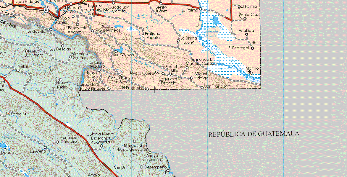 This map shows the major cities (ciudades) of Arena de Hidalgo, Ingenio Hermenegildo Galeana.The map also shows the towns (pueblos) of El Faisán 2ª Sección, Guadalupe Victoria, Benito Juárez, La Palma, El Palmar, Javier Rojo Gómez, Santa Cruz, Luis Echeverría Alvarez, Adolfo López Mateos, Emiliano Zapata, Acatlipa, La Ultima Lucha, El Pedregal, San Marcos, Francisco I. Madero, Francisco I. Madero Cortazar, Francisco Villa, Niños Héroes, Corregidora Ortiz de Domínguez, Castillo Nuevo 1ª Sección, El Progreso, La Nueva Estancia, Miguel Hidalgo, San Francisco, El Martillo.