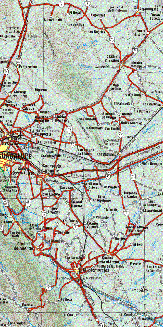 This map shows the major cities (ciudades) of Agualeguas, Ciudad Cerrano, Ciudad Guadalupe, Ciudad Apodaca, Ciudad de Allende, Montemorelos.