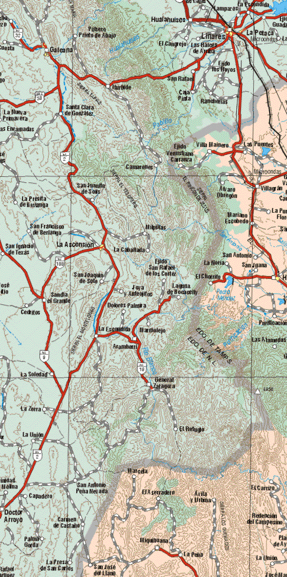 The map also shows the towns (pueblos) of Ejido Venustiano Carranza, Villa Mainero, Las Puentes, Alvaro Obregón, Villagran, Mariano Escobedo, San Antonio, La Noria, San Juana, El Chorrito, Purificación, Las Alamedas, Marcela, El Aserradero, Avila y Urbina, El Carrizo, Redención del Campesino, Miquihuana, La Peña, San José del Llano, La Unión.