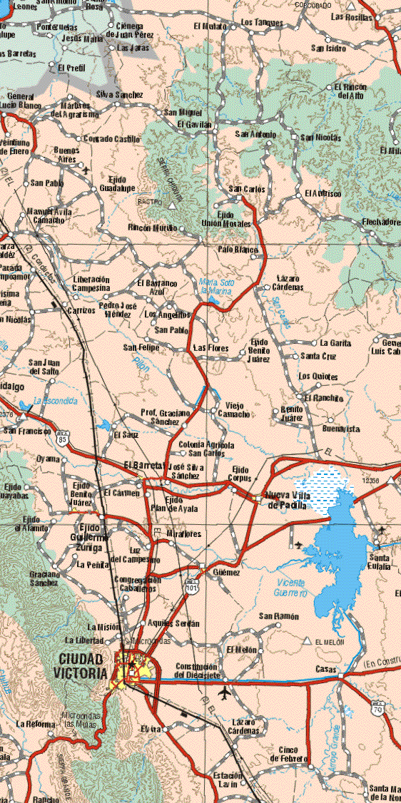 This map shows the major cities (ciudades) of El Barreta, Ejido Benito Juárez, Nueva Villa de Padilla, Guemez, Ciudad Victoria.The map also shows the towns (pueblos) of El Mulato, Los Tanques, Las Rosillas, Las Jaras, San Isidro, El Prefil, El Rincón del Alto, Gral. Lucio Blanco, Mártires del Agrarismo, Silva Sánchez, San Miguel, El Gavilán, San Nicolás, Corrado Castillo, Veintiuno de Enero, Buenos Aire, San Pablo, Ejido Guadalupe, San Carlos, El Antrisco, Manuel Avila Camacho, Rincón Murillo, Ejido Unión Morales, Flechadores, Palo Blanco, Liberación Campesina, El Barranco Azul, Lázaro Cárdenas, Carrizos, pedro José Méndez, Los Angelitos, San Pablo, San Felipe, La Flores, Ejido Benito Juárez, La Garita, Santa Cruz, Gral. Luis Caballero, San Juan del Salto, Los Quiotes, El Ranchito, Prof. Graciano Sánchez, Viejo Camacho, Benito Juárez, Buenavista, San Francisco, El Sauz, Colonia Agrícola San Carlos, Oyama, José Silva Sánchez, Ejido Corpus, Ejido Guayabas, El Carmen, Ejido Plan de Ayala, Ejido el Alamo, Ejido Guillermo Zúñiga, Miraflores, La Peñita, Luz del Campesino, Graciano Sánchez, Congregación Caballeros, Santa Eulalia, La Misión, La Libertad, Aquiles Serdan, San Ramón, El Melón, Constitución Diecisiete, Casas, La Reforma, Lázaro Cárdenas, Estación Lavin, Elvira, Cinco de Febrero, Santa Maria de la Noria.