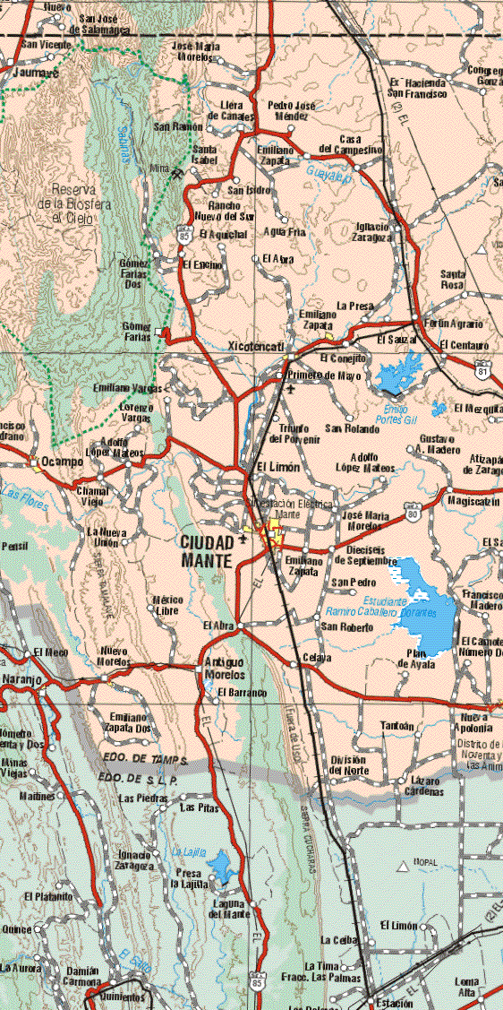 This map shows the major cities (ciudades) of Emiliano Zapata, Xicontecatl, Ocampo, Ciudad Mante, Nuevo Morelos, Nueva Apotonia.The map also shows the towns (pueblos) of San José de Salamanca, San Vicente, José Maria Morelos, Jaumare, Ex Hacienda San Francisco, Congregación González, Llera de Canales, San Ramón, Pedro José Méndez, Santa Isabel, Emiliano Zapata, Casa del Campesino, San Isidro, Rancho Nuevo del Sur, El Aquichal, Agua Fría, Ignacio Zaragoza, Gómez Farias Dos, el Encino, El Aura, Santa Rosa, La Presa, Fortín Agrario, Gómez Farias, El Sauzal, El Centauro, El Conejito, Primero de Mayo, Emiliano Vargas, El Mezquital, Lorenzo Vargas, Triunfo del Porvenir, San Rolando, Adolfo López Mateos, Gustavo A. Madero, Atizapan de Zaragoza, El Limón, Adolfo López Mateos, Chamal Viejo, José Maria Morelos, Magiscatzin, La Nueva Unión, Emiliano Zapata, Dieciséis de Septiembre, San Pedro, Francisco I. Madero, México Libre, El Abra, San Roberto, El Camote Numero Dos, Antiguo Morelos, Celaya, Plan de Ayala, El Barranco, Emiliano Zapata Dos, Tantoan, División del Norte, Lázaro Cárdenas.