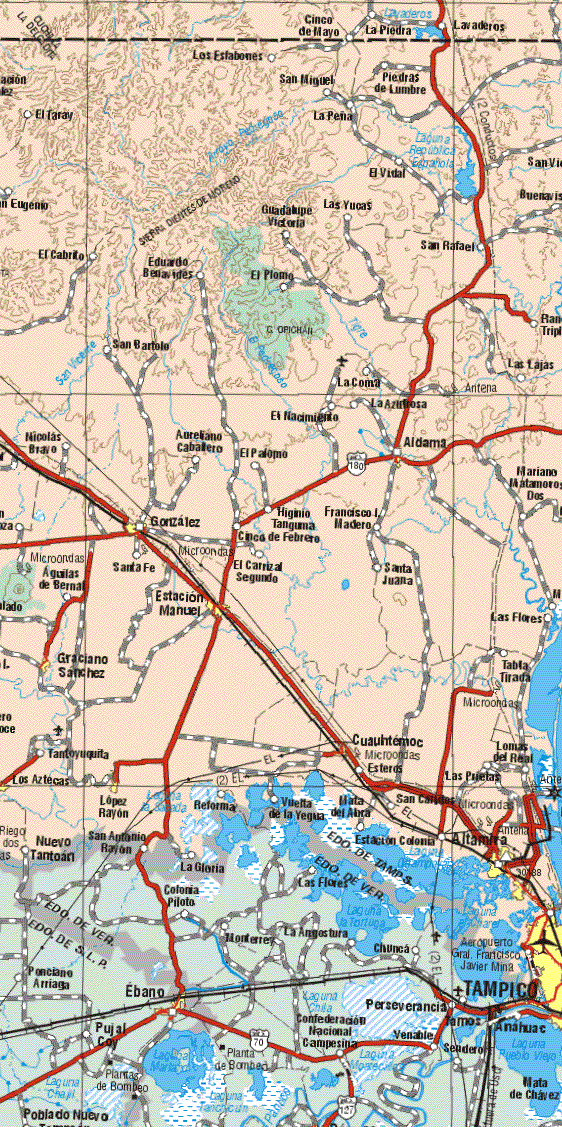 This map shows the major cities (ciudades) of Aldama, González, Estación Manuel, Graciano Sánchez, Los Aztecas, López Rayón, Altamira, Tampico.The map also shows the towns (pueblos) of Los Eslabones, Cinco de Mayo, La Piedra, Lavaderos, San Miguel, Piedras de Lumbre, El Taray, La Peña, El Vidal, San Vicente, San Eugenio, Guadalupe Victoria, Las Yucas, Buenavista, El Cabrito, Eduardo Benavides, El Plomo, San Rafael, San Bartolo, Las Lajas, La Coma, La Azitrosa, El Nacimiento, Nicolás Bravo, Aureliano Caballero, El Palomo, Mariano Matamoros Dos, Higinio Tanguna, Francisco I. Madero, Cinco de Febrero, Santa Fe, El Carrizal Segundo, Santa Juana, Aguilas de Bernal, Las Flores, Tabla Tirada, Tantoyuquila, Cuauhtemoc, Lomas del Real, Esteros, Las Prietas, Nuevo Tantoan, San Antonio Rayón, La Gloria, Reforma, Vuelta de la Yegua, Mata del Alba, San Carlitos, Estación Colonia.