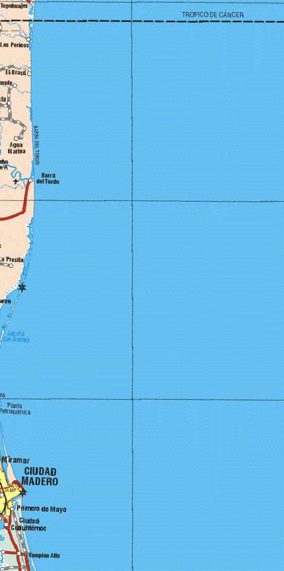 This map shows the major cities (ciudades) of Ciudad Madero.The map also shows the towns (pueblos) of Tepehuajes, Los Pericos, El Brasil, Agua Marina, Barra del Tordo, La Presita, Primero de Mayo, Ciudad Cuauhtemoc, Tampico Alto.