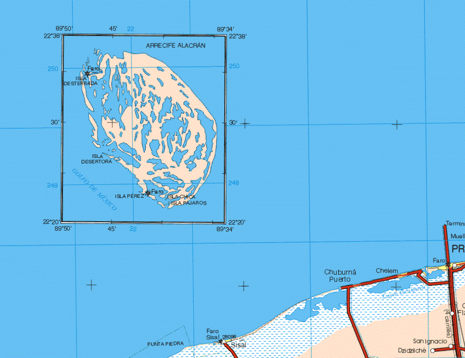 This map shows the major cities (ciudades) of Sisal, Chuburma Puerto, Chelem. The map also shows the towns (pueblos) of San Ignacio, Dzidzilche.