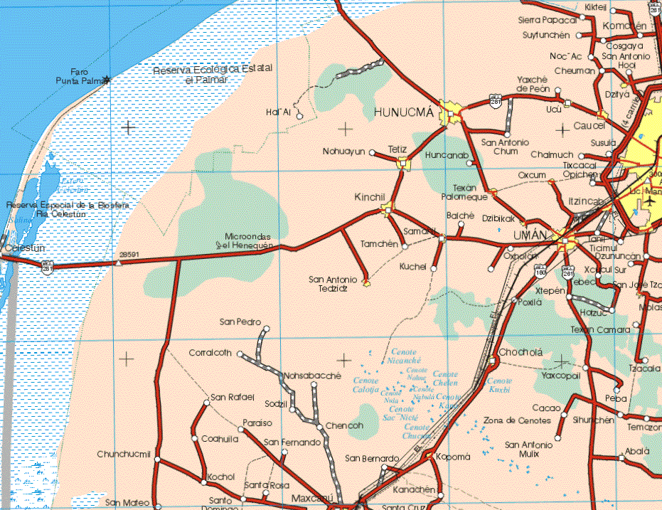 This map shows the major cities (ciudades) of Merida, Dzitya, Ocu, Hunucma, Caucel, Tetiz, Oxcum, Kinchil, Texan Palomeque, Itzincab, Dizibikak, Uman, Samahil, San Antonio, Tectzictz, Chochola, Kopoma. The map also shows the towns (pueblos) of:Kikteil, Sierra Papakal, Komchen, Suyfunchen, Cosgaya, Noc Ac, Cheuman, San Antonio Hoa, yaxche de Peon, Hol Ai, San Antonio Chum, Susula, Chalmuch, Nohuayun, Huancanab, Tixcacal Opichen, Celestum, Bafche, Tanil, Ticimul, Dzununcan, Tamchen, Oxholon, Kucher, Xcucul Sur, Ebec, Xtepen, Poxila, Hatzuc, San Pedro, Texan Camara, Corracoth, Tzacola, Nochsabacahe, Yaxcopail, San Rafael, Soctzil, Peba, Cacao, Paraíso, Chencoh, Zona de Cenotes, Sihunchen, Temazon, Paraíso, Coahuila, San Fernardo, Chunchucmil, San Mateo, Kochol, Santo Domingo, Santa Rosa, Maxcanu, San Bernardo, Kanachen, Santa Cruz, San Antonio Mulix, Abala.