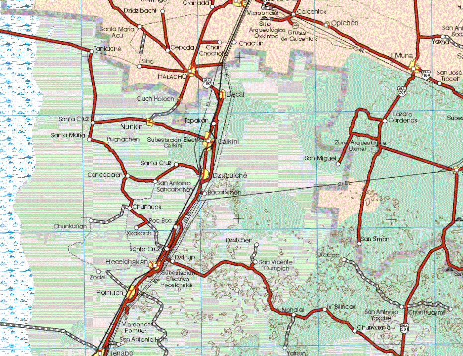 This map shows the major cities (ciudades) of Opichen, Muna, Halacho. The map also shows the towns (pueblos) of DzidzibaChi, Granada, Calcetok, Santa Maria Acu, Cepeda, Chan Chocho, Chactun, Muna, Yaxha, San Antonio Soctill, San Jose Tipceh, Lazaro Cardenas, San Simon.