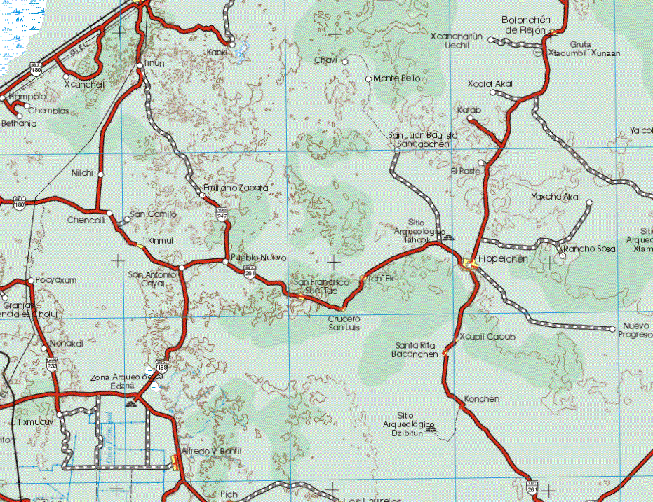 This map shows the major cities (ciudades) of Hopelchen