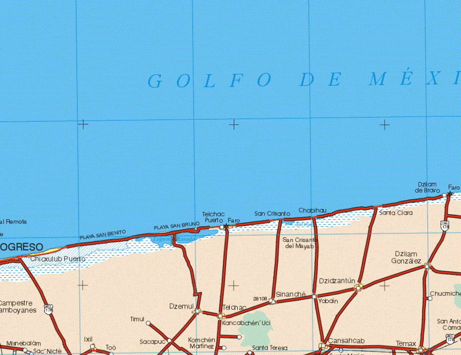 This map shows the major cities (ciudades) of Progreso, Ixill, Chicxulub Puerto, Dzemul, Telchac Puerto, Kancabchen Uci, Dzidzantun, Cansahcab, Dzilam Gonzalez, Temas. The map also shows the towns (pueblos) of Campestre Flamboyanes, Misnebaram, Sac Nicte, Too, Timul, Sacapuc, Kamchen Martinez, Santa Teresa, San Crisanto, Chabinas, San Crisante del Mayalo, Sinanche, Yobain, Santa Clara, Dzilam de Bravo, Chucmiche, San Antonio Camara.