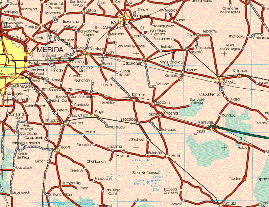 This map shows the major cities (ciudades) of Merida, Chablekal, Chicxulub Pueblo, Baca, Kini, Uci, Conkal, Muxupip, Cholul, Tixkokob, Bokoba, Tixtehual, Ekmul, Cacalchen, Stilpech, Kimbila, Izamal, Kanasin, Tahmek, Seye, Hoctun, Timucuy, Acancen, Hocaba, Kantunil, Holca, Tecoh,Homun, Huhi, Tibolon, Sotuta. The map also shows the towns (pueblos) of Xcunya, Kantonya, Moconcha, San Isidro Kuxub, Hili, Tanya, San Nicolas, Santa Maria, Chenche de las Torres, Tixkuncheil, Yaxkukul, Motul de Carrillo puerto, Kaxotah, mesalunich, San Pedro Camara, Suma, Teya, Tepakan, Thohopku, Chacmay, Sanlahtah, Kopte, Kankabchen Canton, Santa Maria Chi, Nolo, San Jose Grande, Tixcochan, tekal de Venegas, Euan, Tekanto, Chochon, San francisco Tzan, Techon, San Pedro Nohpan, Oncan, San Antonio Millet, Cuca, Ruinas de Ake, San Francisco Tzam, Citilcum, Teya, Sahe, Nohchan, Hubila, Dziuche, Tahazibichen, Huxecaman, San Antonio Pehuiz, Ticopo, tepich Carrito, San Bernardo, Holactun, San Jose Oriente, Cuauhtemoc, suctzal, Subinkokab, canicab, Petectumch, Xocchel, Xanaba, San Ignacio Tesip, San Chich, Tzafam, Yaxixc, Tekik de Regil, Dzoyaxche, Xucu, Dzitina, Sahancaba, tapacab,Itzinsab, Camara, Sanahcat, Eknakan, Cuzama, Sotufa de Peon, Lepan, Chunkanan, Polaban, Uayalceh, Chinkila, Sabacche, Pipaa, Telchaquillo, Mucuyche, X Kanchakan, Pixya, San Isidro Ochil, Timul, Susufa, Tixcayal Quintero, Zavala, Tabi.