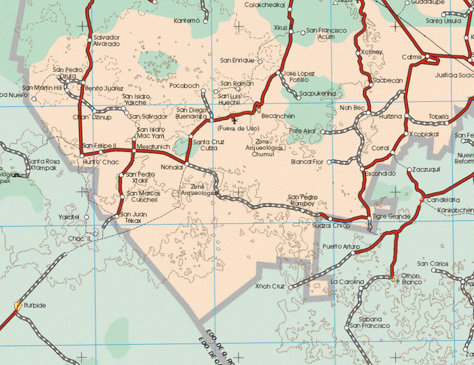 This map shows the major cities (ciudades) of Becanchen. The map also shows the towns (pueblos) of Colakcheakal, Guadalupe, Kantemo, Xkuil, San Francisco Acum, Santa Ursula, Salvador Alvarado, Xcimey, San Enrique, Carmis, San Pedro Dzula, Jose Lopez Portillo, Sacbecan, Justicia Social, San Martín Hill, Benito Juárez, Pocaboch, San Roman, San Isidro Yaxche, San Luis Huechil, Sacpukenha, Yalcoba Nuevo, Cban Dzinup, San Salvador, San Diego Buenavista, Noh Bec, Huitzina, Tobxila, San Isidro Mac Yam, Piste Akal, Xcobiacal, San Felipe II, Metzatunich, Santa Cruz Cutza, Corral, Hunto Chac, Nohalal, Blanca Flor, San Pedro Xtokil, San Marcos Cunchelf, San Juan Tekax, San Pedro Rompoy, Suatzal Chico, Tigre Grande.