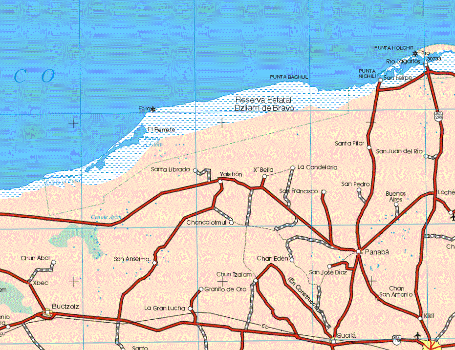 This map shows the major cities (ciudades) of Panaba, Buctzotz, Sucila. The map also shows the towns (pueblos) of Rio Lagartos, San Felipe, Santa Pilar, San Juan del Rio, Santa Librada, Yalsihon, X Bella, La Candelaria, San Francisco, San Pedro, Buenos Aires, Cancalotmul, Chun Abal, San Anselmo, Chan Eden, Xbec, Chun Tzafam, San Jose Diaz, Granito de Oro, Chan San Antonio, La Gran Lucha, Kikil.