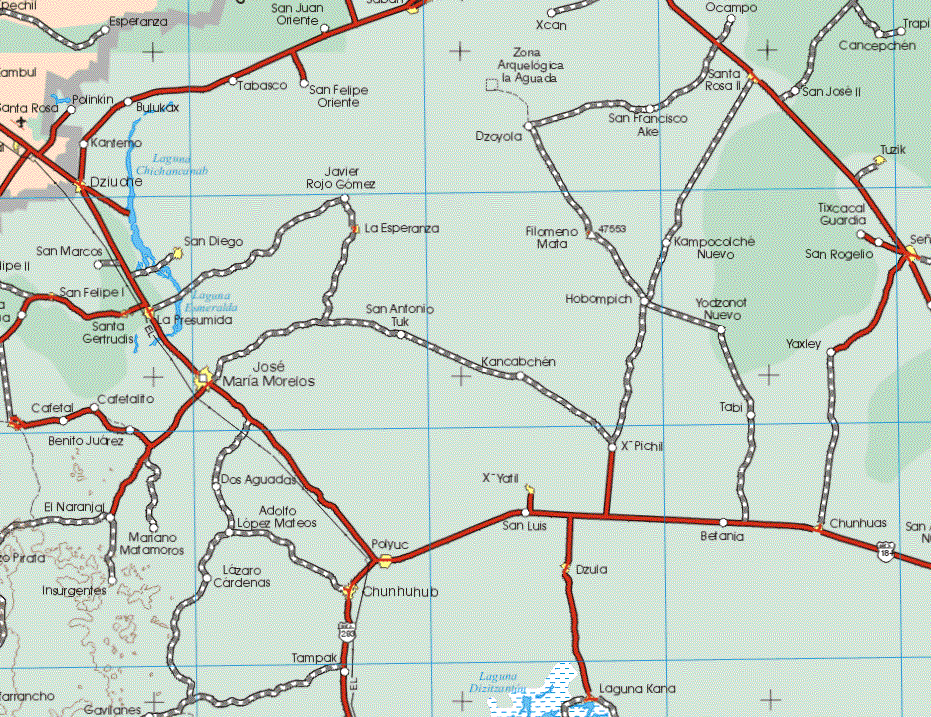 The map also shows the towns (pueblos) of Santa Rosa, Kambul, Esperanza, Xpenchil.